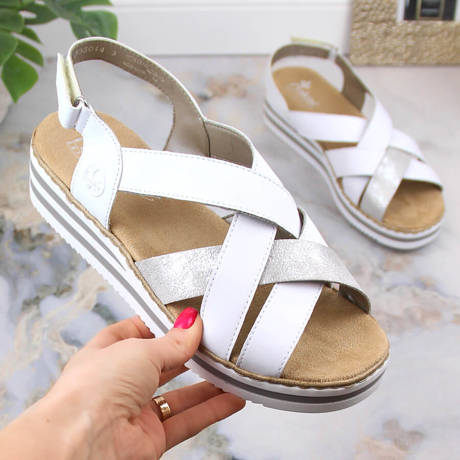 Skórzane komfortowe sandały damskie na koturnie białe Rieker V0279-80