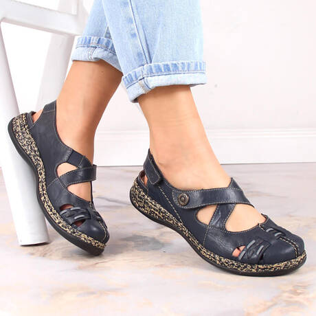 Skórzane komfortowe sandały damskie na rzep granatowe Rieker 46377-14