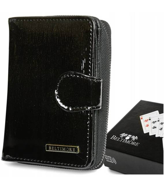 Skórzany lakierowany portfel damski czarny Beltimore A02