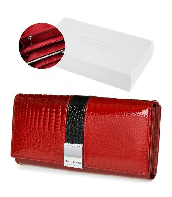 Skórzany portfel damski elegancki kroko czerwony Alessandro Paoli G38