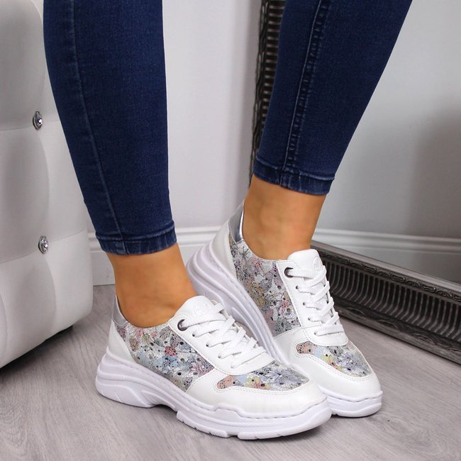 Sneakersy damskie skórzane w kwiaty białe Rieker 57025